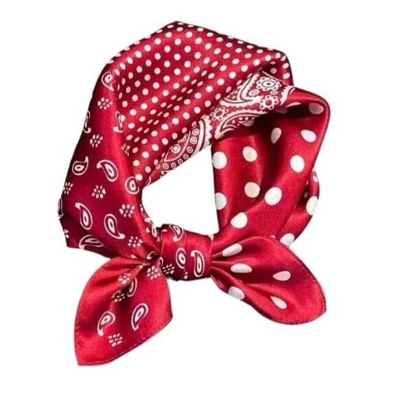 Red Patchwork Paisley Polka Dot Handkerchief Bandana 20" Retro Scarf Square - Picture 2 of 13